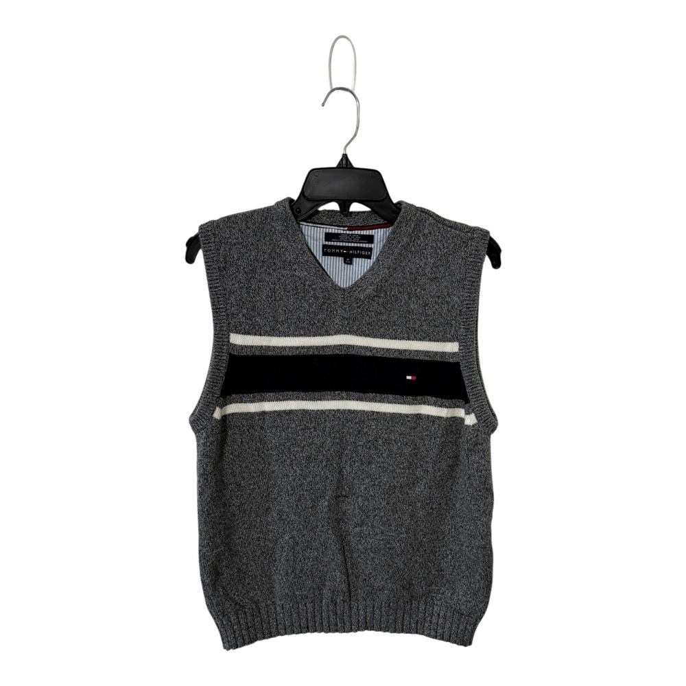 Tommy Hilfiger Mens Grey Navy Stripe V-Neck Cotton Sweater Vest Size M